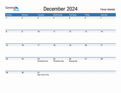 Current month calendar with Faroe Islands holidays for December 2024