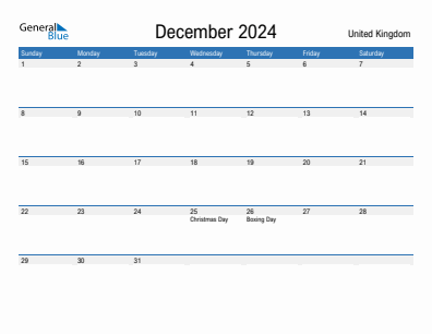 Current month calendar with United Kingdom holidays for December 2024