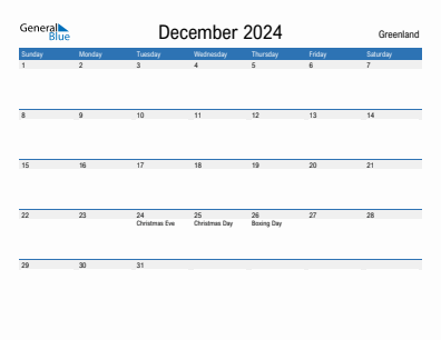 Current month calendar with Greenland holidays for December 2024