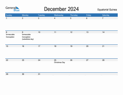 Current month calendar with Equatorial Guinea holidays for December 2024