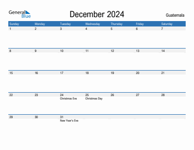 Current month calendar with Guatemala holidays for December 2024