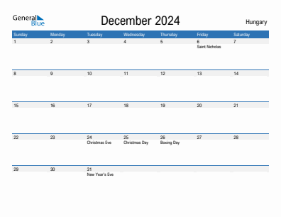 Current month calendar with Hungary holidays for December 2024