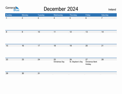 Current month calendar with Ireland holidays for December 2024