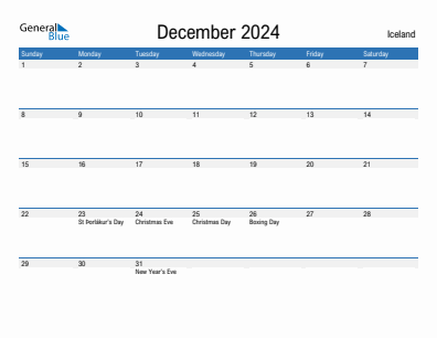 Current month calendar with Iceland holidays for December 2024