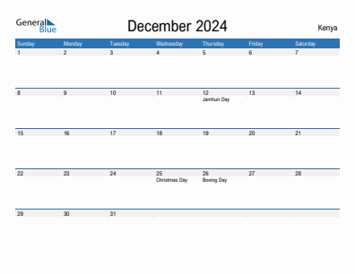 Current month calendar with Kenya holidays for December 2024