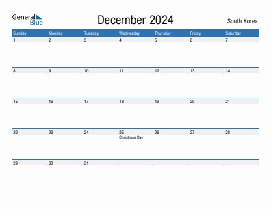 Current month calendar with South Korea holidays for December 2024