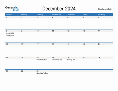 Current month calendar with Liechtenstein holidays for December 2024