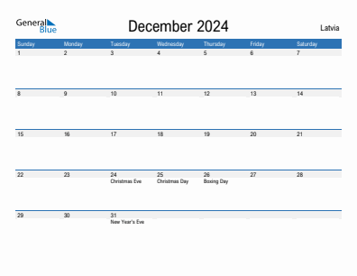 Current month calendar with Latvia holidays for December 2024