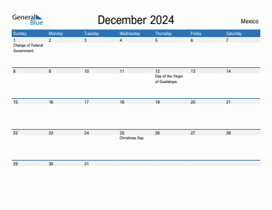 Current month calendar with Mexico holidays for December 2024