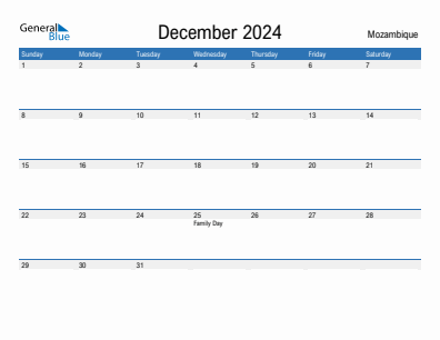 Current month calendar with Mozambique holidays for December 2024