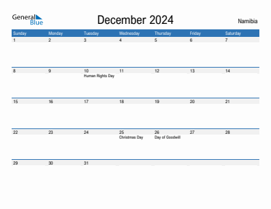 Current month calendar with Namibia holidays for December 2024