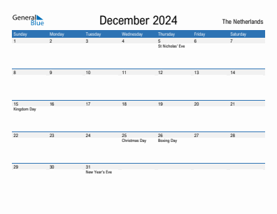 Current month calendar with The Netherlands holidays for December 2024