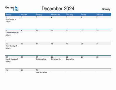 Current month calendar with Norway holidays for December 2024