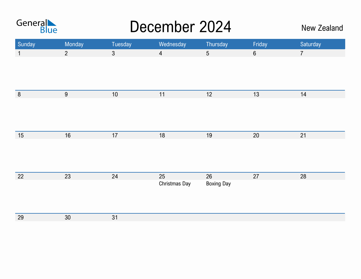 December 2024 Monthly Calendar with New Zealand Holidays