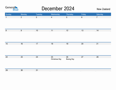 Current month calendar with New Zealand holidays for December 2024