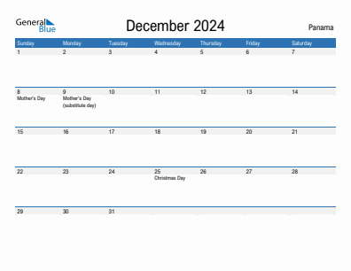 Current month calendar with Panama holidays for December 2024