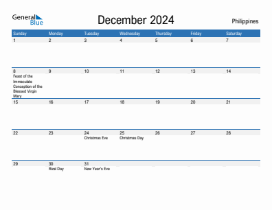 Current month calendar with Philippines holidays for December 2024