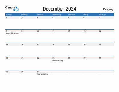 Current month calendar with Paraguay holidays for December 2024