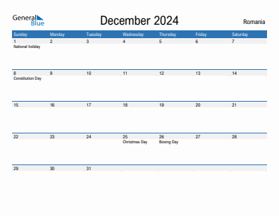 Current month calendar with Romania holidays for December 2024