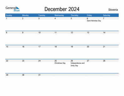 Current month calendar with Slovenia holidays for December 2024