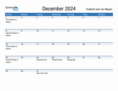 Current month calendar with Svalbard and Jan Mayen holidays for December 2024