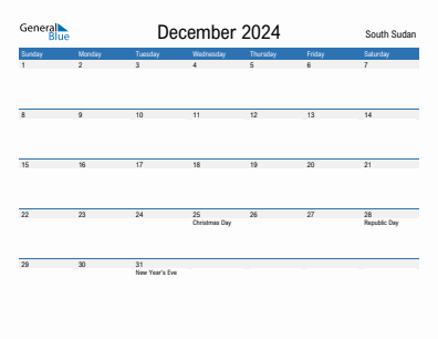 Current month calendar with South Sudan holidays for December 2024