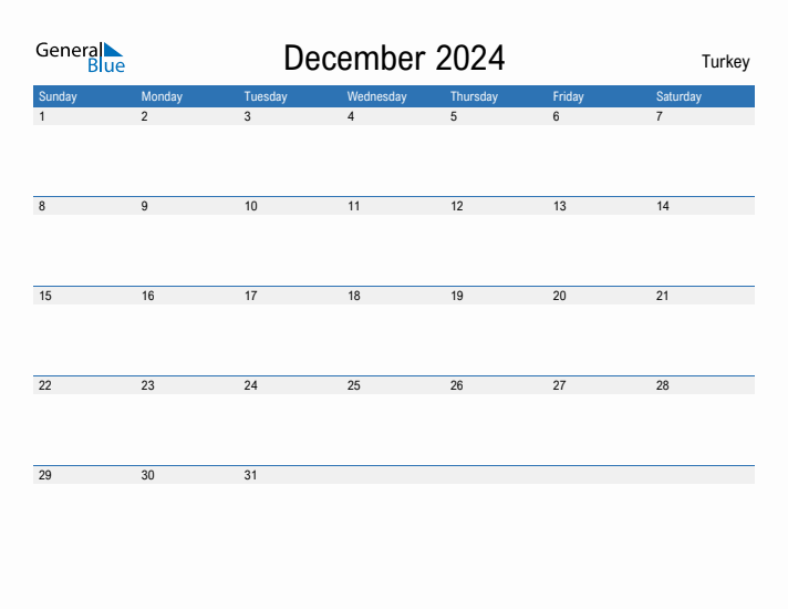 Editable December 2024 Calendar with Turkey Holidays