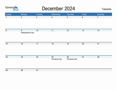 Current month calendar with Tanzania holidays for December 2024