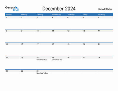 Current month calendar with United States holidays for December 2024