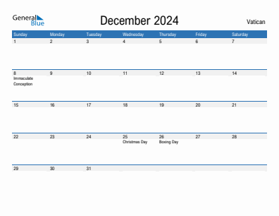 Current month calendar with Vatican holidays for December 2024