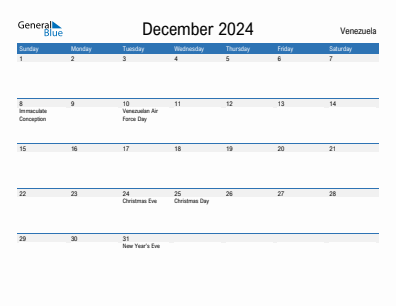 Current month calendar with Venezuela holidays for December 2024