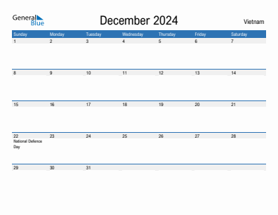 Current month calendar with Vietnam holidays for December 2024