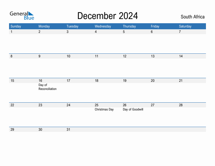 Editable December 2024 Calendar with South Africa Holidays