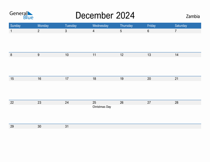 Editable December 2024 Calendar with Zambia Holidays
