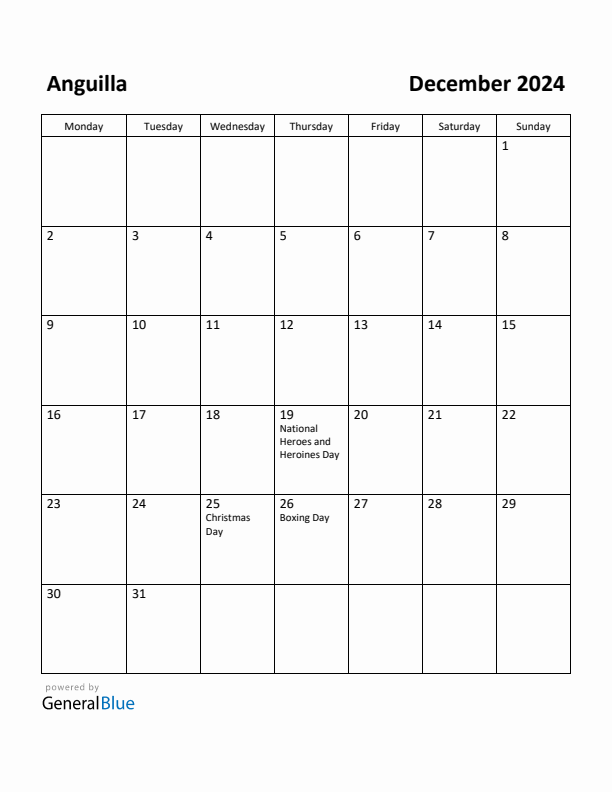 December 2024 Calendar with Anguilla Holidays