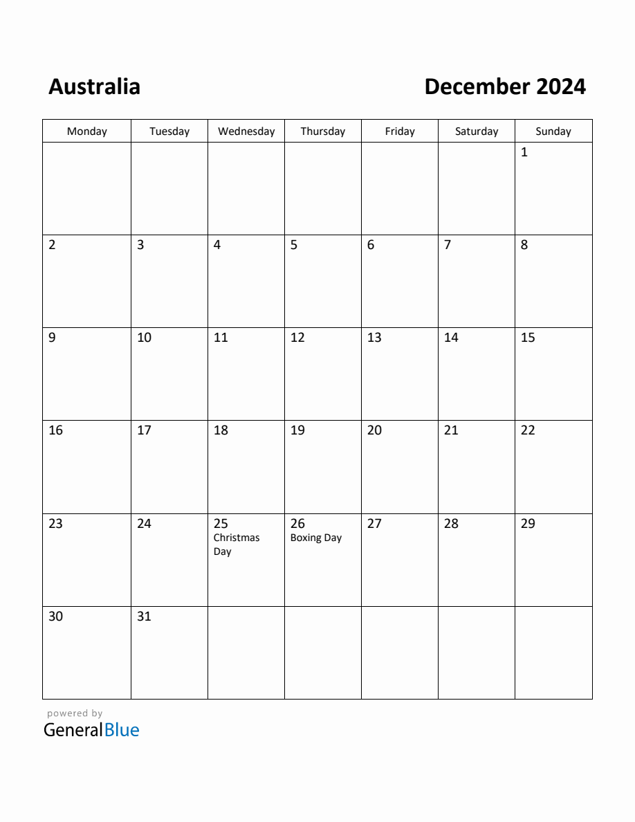 Free Printable December 2024 Calendar for Australia