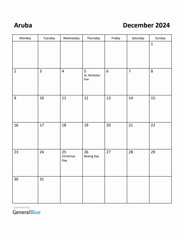 Free Printable December 2024 Calendar for Aruba