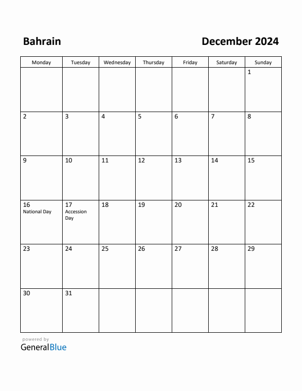 December 2024 Calendar with Bahrain Holidays