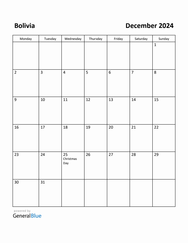 December 2024 Calendar with Bolivia Holidays