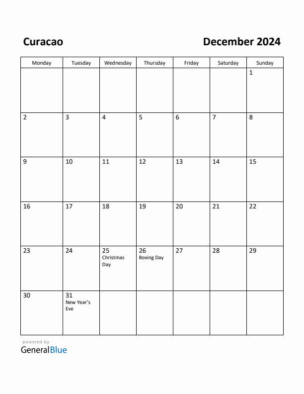December 2024 Calendar with Curacao Holidays