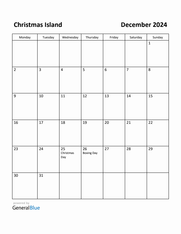December 2024 Calendar with Christmas Island Holidays