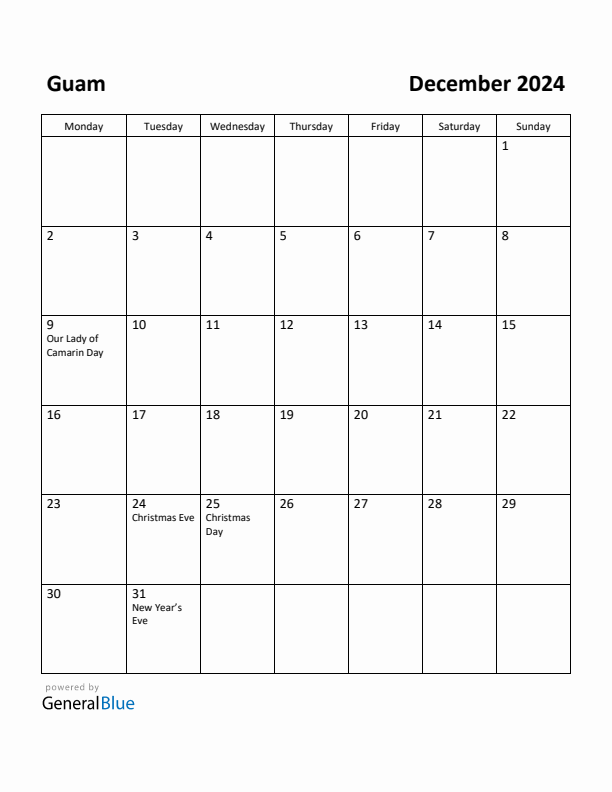 December 2024 Calendar with Guam Holidays