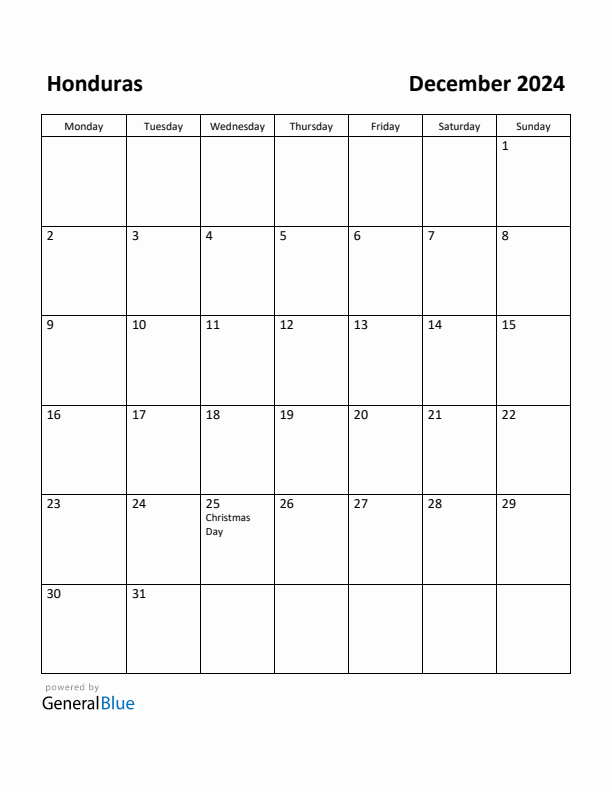 December 2024 Calendar with Honduras Holidays