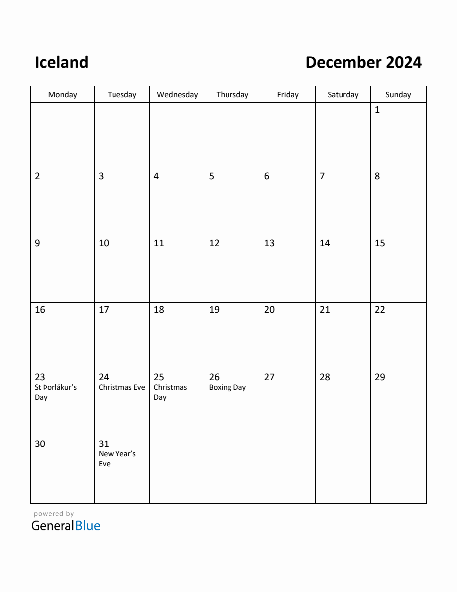 Free Printable December 2024 Calendar for Iceland