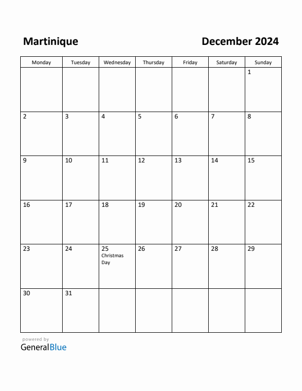 December 2024 Calendar with Martinique Holidays