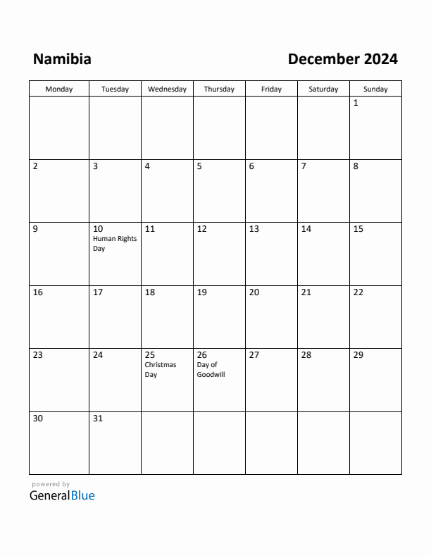 December 2024 Calendar with Namibia Holidays