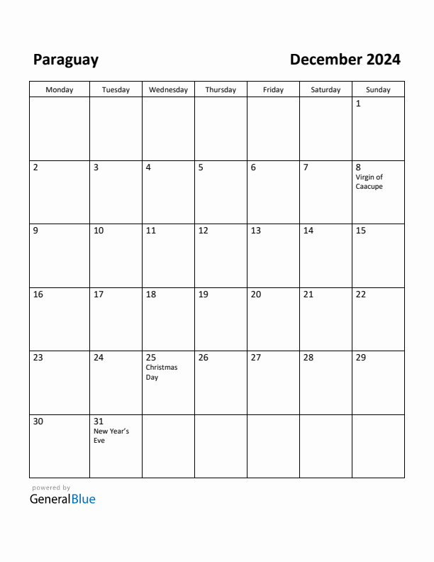 December 2024 Calendar with Paraguay Holidays