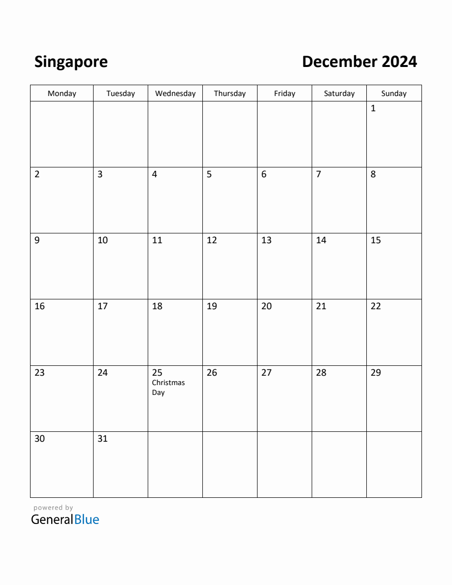 Free Printable December 2024 Calendar for Singapore