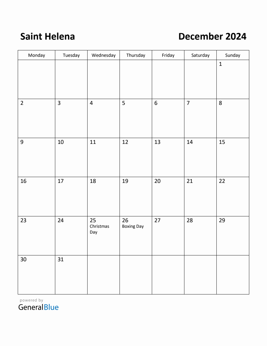 Free Printable December 2024 Calendar for Saint Helena