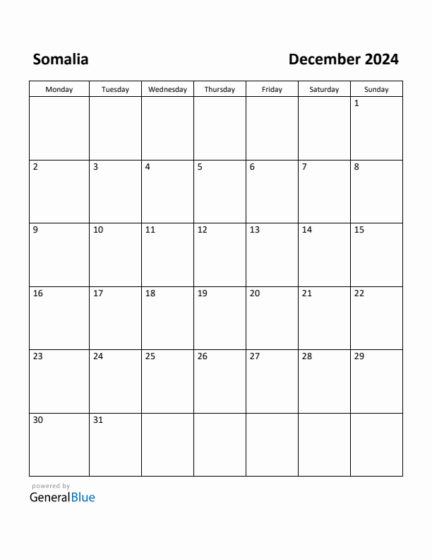 December 2024 Calendar with Somalia Holidays